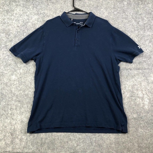 Under Armour Green Heat Gear Loose Fit Navy Blue Polo Golf Shirt Men's Size L - Picture 1 of 8